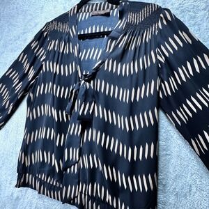 The Limited Womens Black Tan Academia Tie Neck Smocked Blouse Top Size Large
